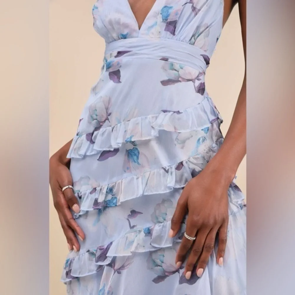 NEW Lulus Saveria Light Blue Floral Ruffle Asymmetrical Maxi Dress XS Party - Picture 4 of 9